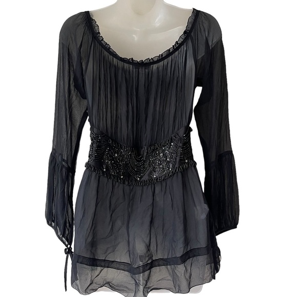 PINKO sheer blouse long sleeve princess waist rhinestone Whimsy goth - Picture 2 of 14